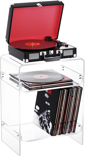 Miniatura 15 de Mesa para tocadiscos de acrílico con estante de almacenamiento, mesa auxiliar transparente para noche (verde, grande)