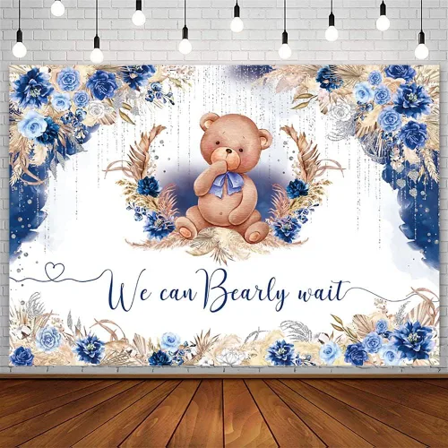 AIBIIN Telón de fondo bohemio para baby shower de 10 x 7 pies para niño, We Can Bearly Wait Oh Baby, fondo de fotografía de flores azul real, hierba