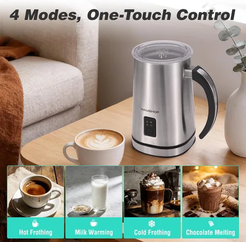 Miniatura 2 de HAUSHOF Espumador de leche, espumador de leche eléctrico 4 en 1 y vaporizador, gran capacidad, máquina de chocolate caliente, máquina automática