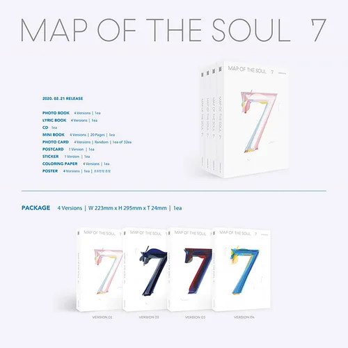 Miniatura 2 de BTS Album - MAP OF SOUL : 7 [ 1 ver. ] Package + Photo Book + Lyric Book + CD + Mini Book + Photo Card + PostCard + Sticker + Coloring Paper