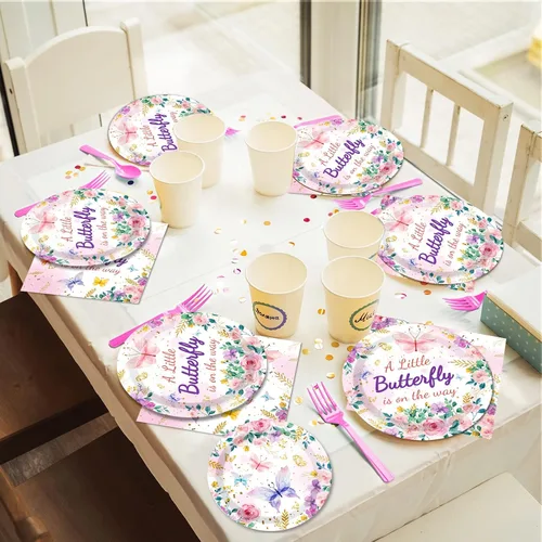 Miniatura 7 de 96 piezas de suministros para fiesta de baby shower con mariposas, una pequeña mariposa está en camino, platos de papel, servilletas, decoración