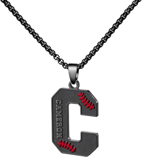 Miniatura 18 de Ldurian Collar personalizado con nombre de béisbol, cadena negra de acero inoxidable, collar con nombre deportivo, letra A-Z de 24 pulgadas, regalos