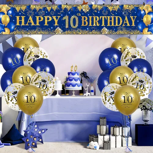 Miniatura 2 de Decoraciones de cumpleaños número 10 para niños pequeños, niños y niñas, azul marino y dorado, pancarta de fiesta de feliz cumpleaños de 18 piezas