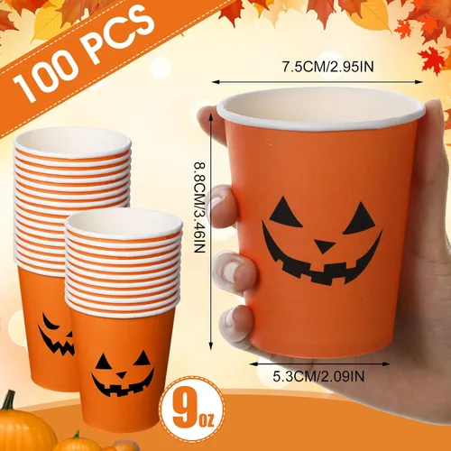 Miniatura 3 de Lallisa 100 vasos desechables de Halloween de 9 onzas, tazas de papel de calabaza naranja, tazas de café para café, agua, jugo, bebidas calientes
