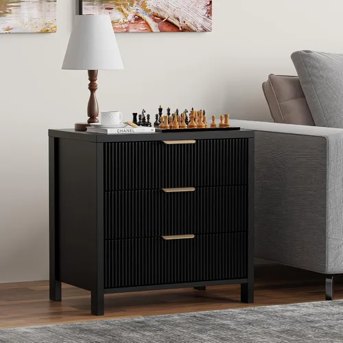 Miniatura 7 de Mesita de noche acanalada, 23.7 pulgadas de ancho con 3 cajones, moderna mesita de noche de mediados de siglo con asas, mesa auxiliar de madera