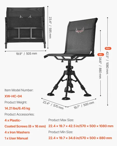 Miniatura 3 de VEVOR Silla de caza, giro silencioso de 360°, silla ciega portátil plegable, asiento de taburete de acero resistente con patas giratorias