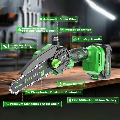Miniatura 8 de Mini motosierra inalámbrica, pequeña motosierra eléctrica de 6 pulgadas con batería de 21 V y 3 cadenas, motosierra de mano alimentada por batería