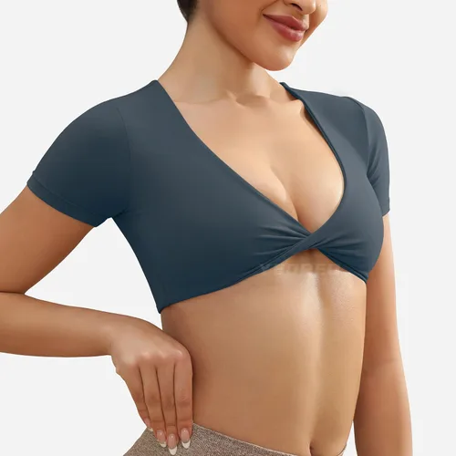 Miniatura 4 de YEOREO Kyla Workout Crop Tops for Women Short Sleeve Twist Front Crop Tank Top Padded Sports Bra Casual Shirts