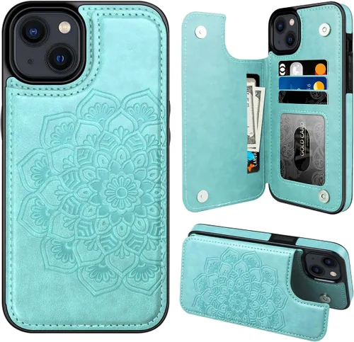 Miniatura 8 de MMHUO Funda para iPhone 14 con tarjetero y parte trasera magnética de flores para iPhone 14, funda protectora para iPhone 14, color oro rosa