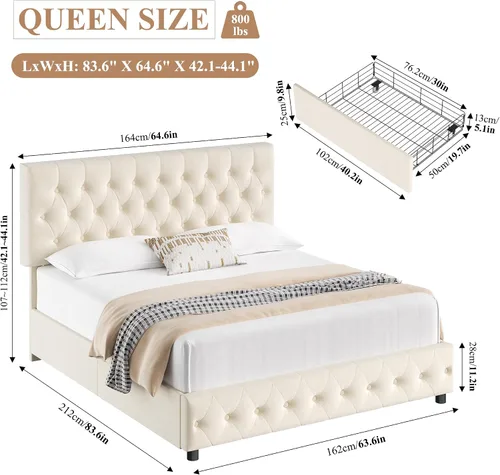 Miniatura 2 de Keyluv Moderna base de cama tapizada tamaño Queen con 4 cajones de almacenamiento, diseño de cabecera copetuda con botones, soporte de listones