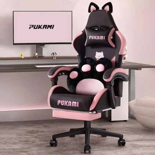 Miniatura 8 de PUKAMI Silla de juegos rosa linda con orejas de gato y cojín lumbar de pata de gato, silla ergonómica para computadora para niña con reposapiés