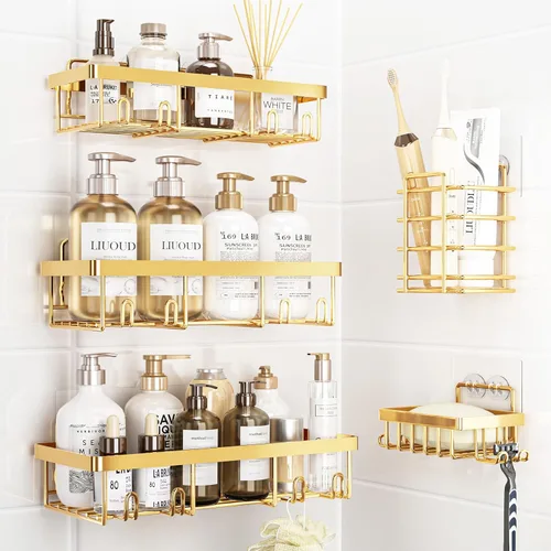 Miniatura 13 de Liuoud Juego de 5 Organizadores de Ducha Adhesivos para Pared, Estante para Interior de Ducha, Cesta de Almacenamiento de Baño Inoxidable Resistente