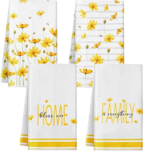 4 toallas de cocina de verano con flores amarillas para decoración de casa de campo, toalla de cocina absorbente de primavera, toallas de mano para
