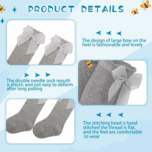 Miniatura 5 de 9 pares de calcetines hasta la rodilla para bebé con lazo de punto para niña, calcetines largos de tubo de algodón para bebé recién nacido, 9