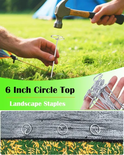Miniatura 4 de 50 grapas de paisaje + 1 gancho de púa, estacas de tela de paisaje con parte superior circular, grapas de jardín galvanizadas de 6 pulgadas