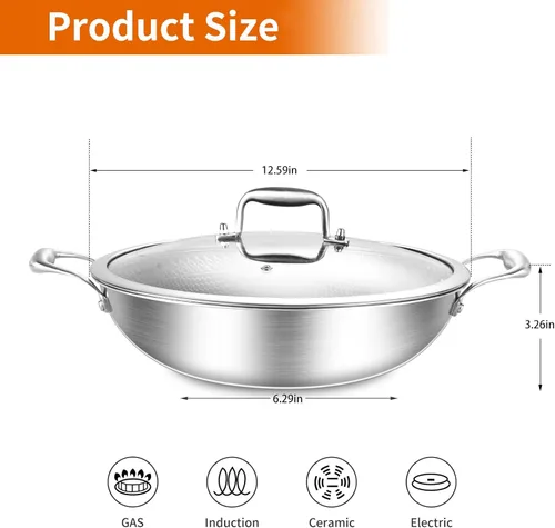 Miniatura 5 de DELARLO Wok con Tapa de 12 Pulgadas Wok Antiadherente, Apto para Horno Hasta 600℉, Woks y Sartenes para Freír Antiadherentes, Wok de Acero