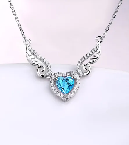 Miniatura 7 de Fine Jewelry - Collar con colgante de plata de ley 925, piedra preciosa natural, topacio azul suizo, amatista, peridoto, amor, corazón, alas de ángel