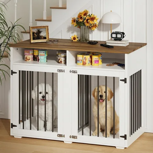 Miniatura 9 de Jaula para perros de 72 pulgadas para 2 perros, jaula de madera para perros con compartimento de almacenamiento, perrera de interior con 4 puertas