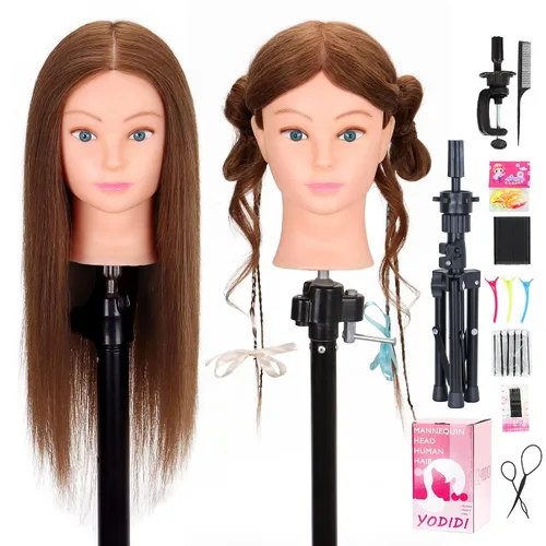 Cabeza de Maniquí de Cabello Humano con Soporte de Trípode 22"-24" Femenina Cabeza de Maniquí de Cabello 100% Humano Cabeza de Maniquí para Peinado