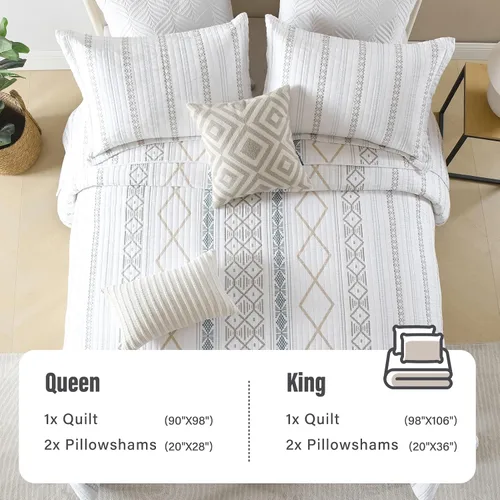 Miniatura 4 de Y-PLWOMEN Edredón geométrico tamaño King – Edredón 100% algodón, juego de edredón a rayas, colchas ligeras bohemias tamaño King para todas