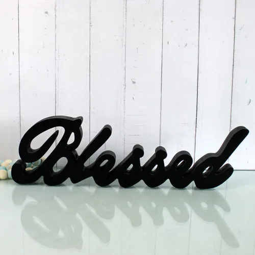 Miniatura 5 de CVHOMEDECO. Letrero de madera con texto en inglés «Blessed» para regalo y mesa/estante/decoración de pared del hogar/oficina, negro mate, 15 x 4-1/4