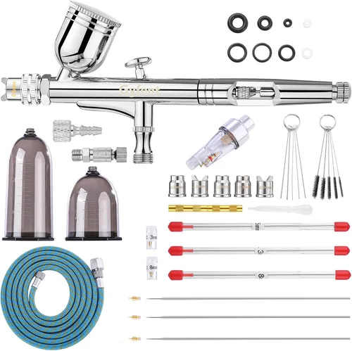 Gyfent Kit de aerógrafo de doble modo, pistola de aerógrafo con 3 juegos de boquillas de liberación rápida, cepillo de aire de alimentación por