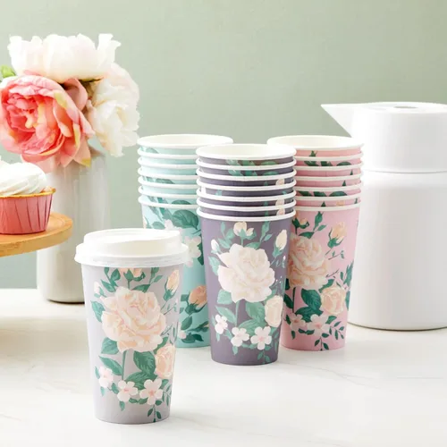 Miniatura 3 de BLUE PANDA Tazas de café de papel, 16 onzas, 48 unidades, 4 colores florales pastel, tazas desechables con tapas para café caliente y frío y té
