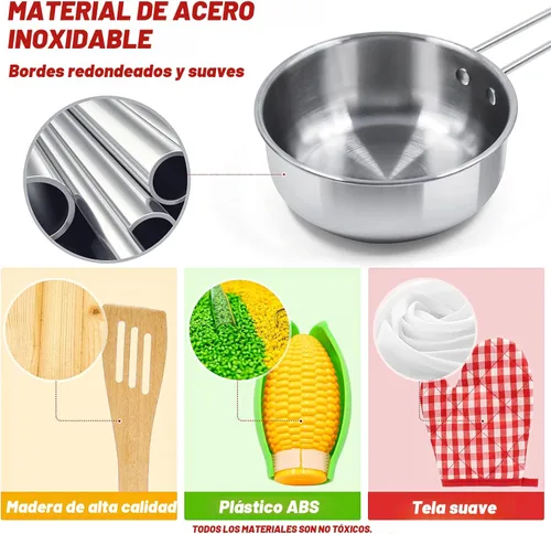 Miniatura 5 de Juego de accesorios de cocina para niños, juego de 32 artículos de ollas y sartenes de acero inoxidable con organizador de estante, utensilios