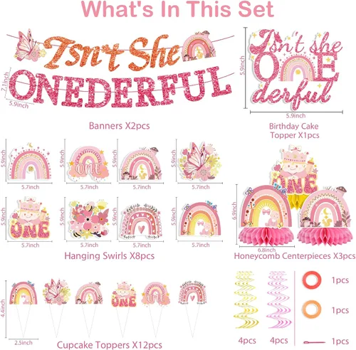 Miniatura 2 de 35 decoraciones de cumpleaños con texto en inglés "Isn't She Onederful", decoraciones de primer cumpleaños para niñas, fácil instalación, incluye