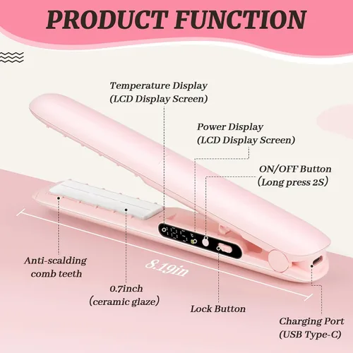 Miniatura 5 de Plancha y rizador de pelo inalámbrico 2 en 1 con pantalla LCD, plancha plana portátil de 30 W para viajes, 3 ajustes de calor (293.0-365.0 °F)