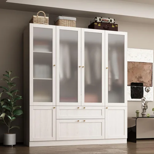 Miniatura 4 de MOUMON Armario grande con 4 puertas acrílicas y 2 cajones, armario con barra para colgar, para dormitorio, grano de madera
