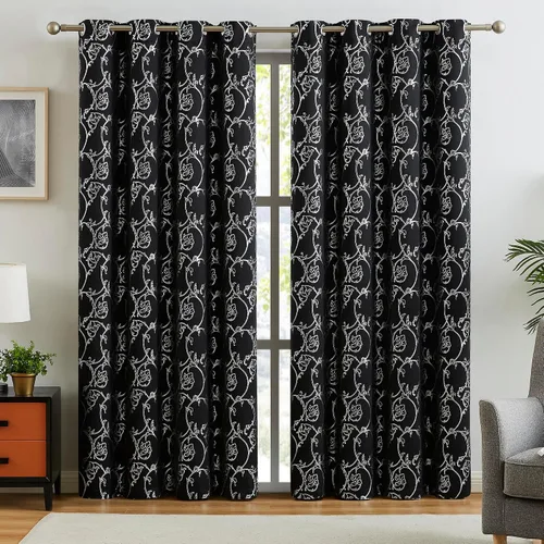 Miniatura 2 de Enactex Cortinas 100% opacas de 84 pulgadas de largo para dormitorio, cortinas con patrón floral plateado para sala de estar, oscurecimiento