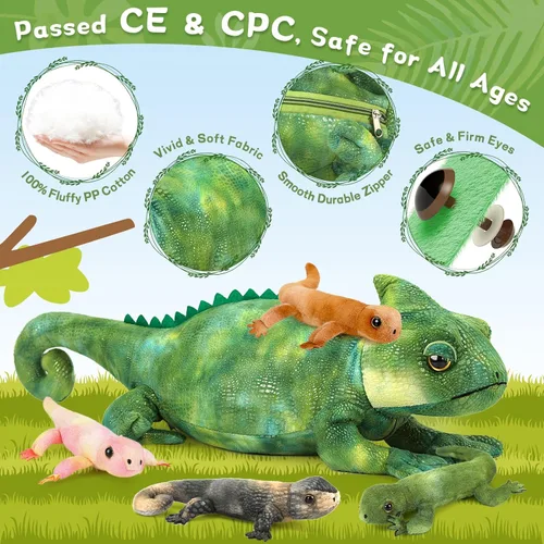Miniatura 6 de MorisMos - Animales de peluche de lagarto, mamá camaleón gigante de 27 pulgadas con 4 lagartos bebés, juguetes para niños y niñas, mamá iguana