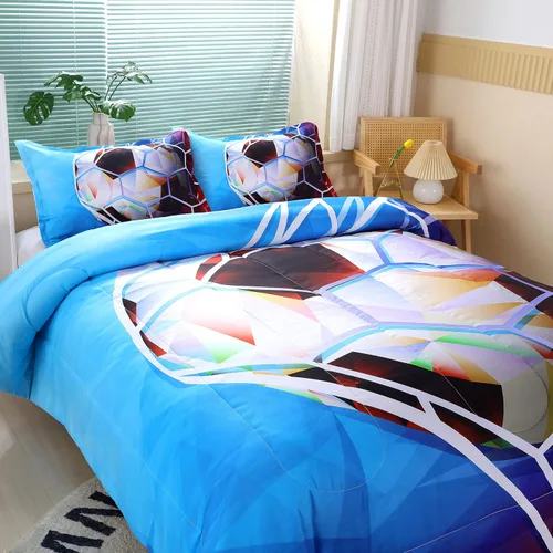Miniatura 3 de Suncloris Juego de edredón de fútbol 3D para niños, edredón de ropa de cama deportiva tamaño individual con temática de fútbol con 2 fundas