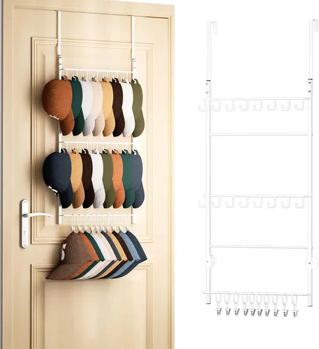 Miniatura 16 de HapiRm Perchero para Puerta - Organizador de Sombreros de 3 Niveles Montado en la Pared con 16 Ganchos y 10 Clips Móviles, Organizador de Sombreros