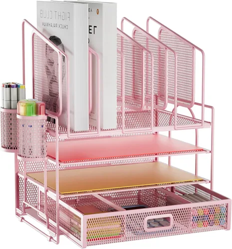 Miniatura 8 de Marbrasse Organizador de escritorio con cajón, organizador de archivos de malla de 4 niveles con 5 soportes verticales para archivos y 2 soportes