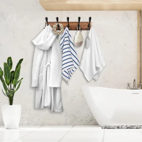 Miniatura 5 de Kuhome Perchero de madera para colgar sombreros de pared, tablón de madera real de pino de 16.9 pulgadas, color marrón, con 5 ganchos triples