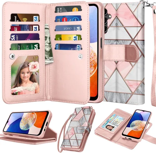 Njjex Funda tipo cartera para Samsung Galaxy A54 5G, 9 ranuras para tarjetas; funda de piel sintética con tapa para crédito, desmontable, función