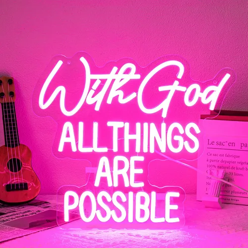 Letrero de neón con texto en inglés "With God All Things Are Possible" para decoración de pared, letrero de neón LED rosa, luz de neón regulable