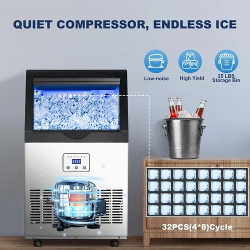Miniatura 2 de Máquina comercial de hielo de 90 libras/24 horas, máquina de hielo de acero inoxidable bajo encimera o independiente con almacenamiento de 25