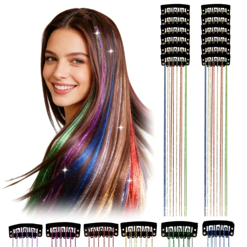 Miniatura 10 de 12 extensiones de cabello de oropel con clip, color champán, extensiones de cabello de oropel con clip, extensiones de cabello con purpurina