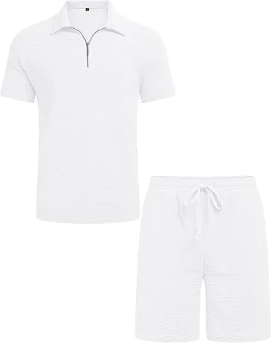 Miniatura 7 de Babioboa Conjunto de camisa polo de manga corta y pantalones cortos para hombre, conjunto de verano de dos piezas con 3 bolsillos con cremallera