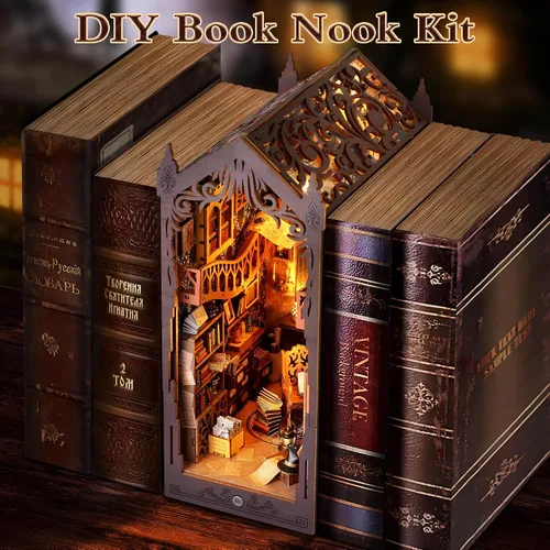 Miniatura 3 de Kit de rincón de libros, kit de casa en miniatura para adultos, adolescentes y principiantes, rompecabezas de madera 3D de biblioteca mágica