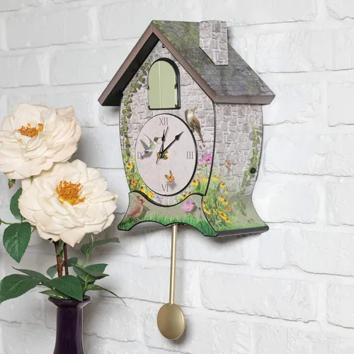 Miniatura 2 de Mark Feldstein Garden Cottage Singing Cardinal - Reloj de cuco con sonido de pared, 14 x 10