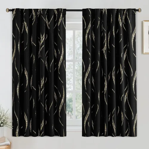 Miniatura 43 de Yakamok Cortinas opacas de 84 pulgadas de largo para sala de estar, con aislamiento térmico, patrón de líneas onduladas doradas, patrón de puntos