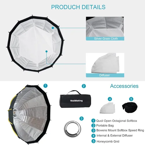 Miniatura 2 de WELLMAKING Caja de luz parabólica de 33.4 pulgadas de 16 quilates de instalación rápida y plegable, con difusores/rejilla de panal/bolsa, compatible