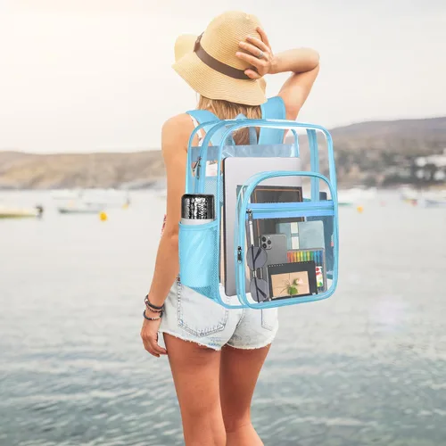 Miniatura 5 de Mochila transparente, de forma resistente, resistente, grande, transparente, informal, para estadio, trabajo, viajes, Azul, Grande, Transparente