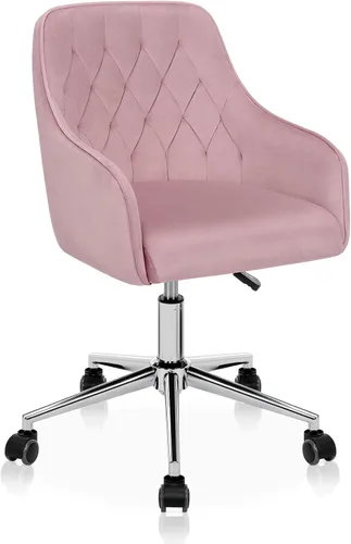 Miniatura 12 de VANSPACE Silla de escritorio de terciopelo para maquillaje con ruedas y respaldo, silla de oficina en casa, silla giratoria ajustable para Rosa