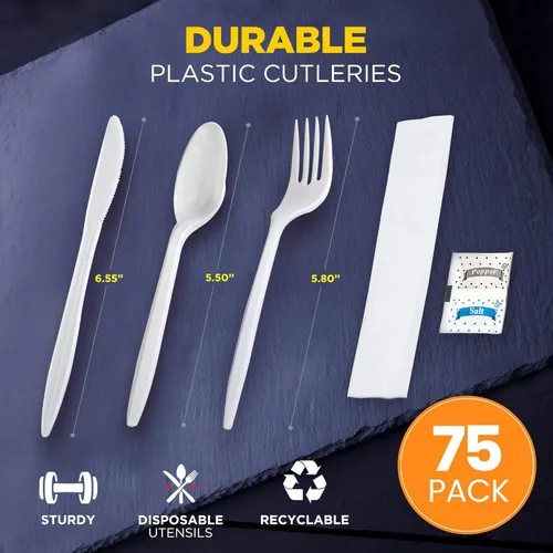 Miniatura 2 de Fit Meal Prep Paquete de 75 utensilios envueltos individualmente, juego de cubiertos de plástico blanco preenvasados con cuchara, tenedor, cuchillo
