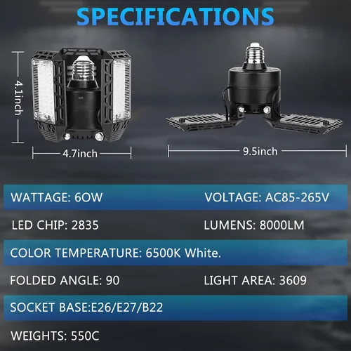 Miniatura 5 de 4 paquetes de luces LED para garaje, 60 W, luz de techo de garaje deformable, 8000 lm, E26, luces de sótano con 3 paneles LED ajustables, se adapta
